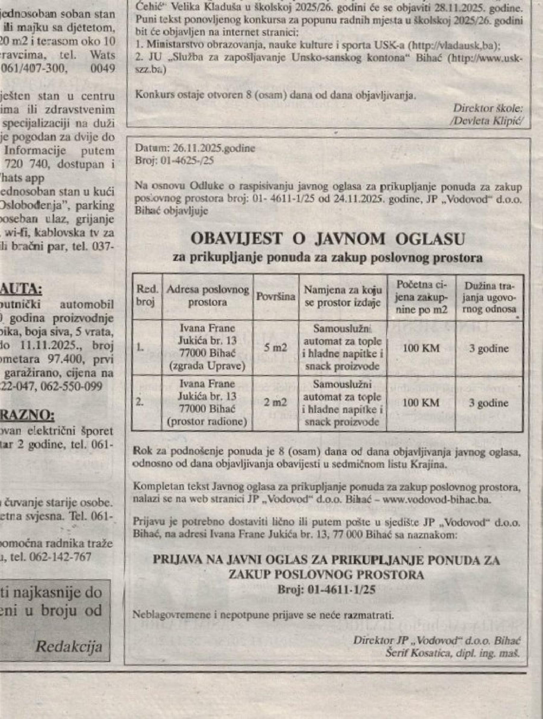 JAVNI OGLAS za prikupljanje ponuda za zakup poslovnog prostora!