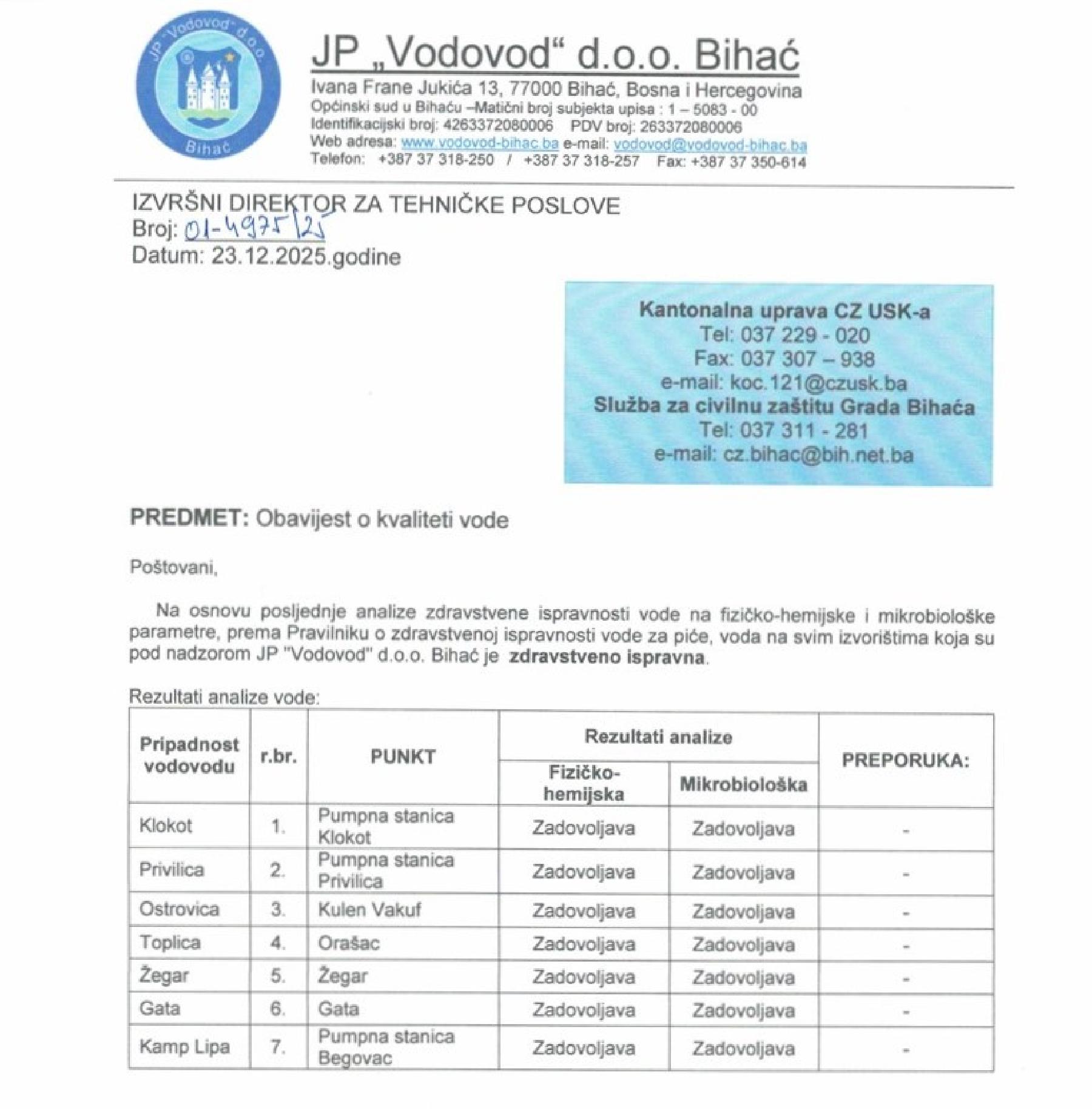Obavijest o kvaliteti vode na dan: Utorak, 23. decembra 2025. godine.