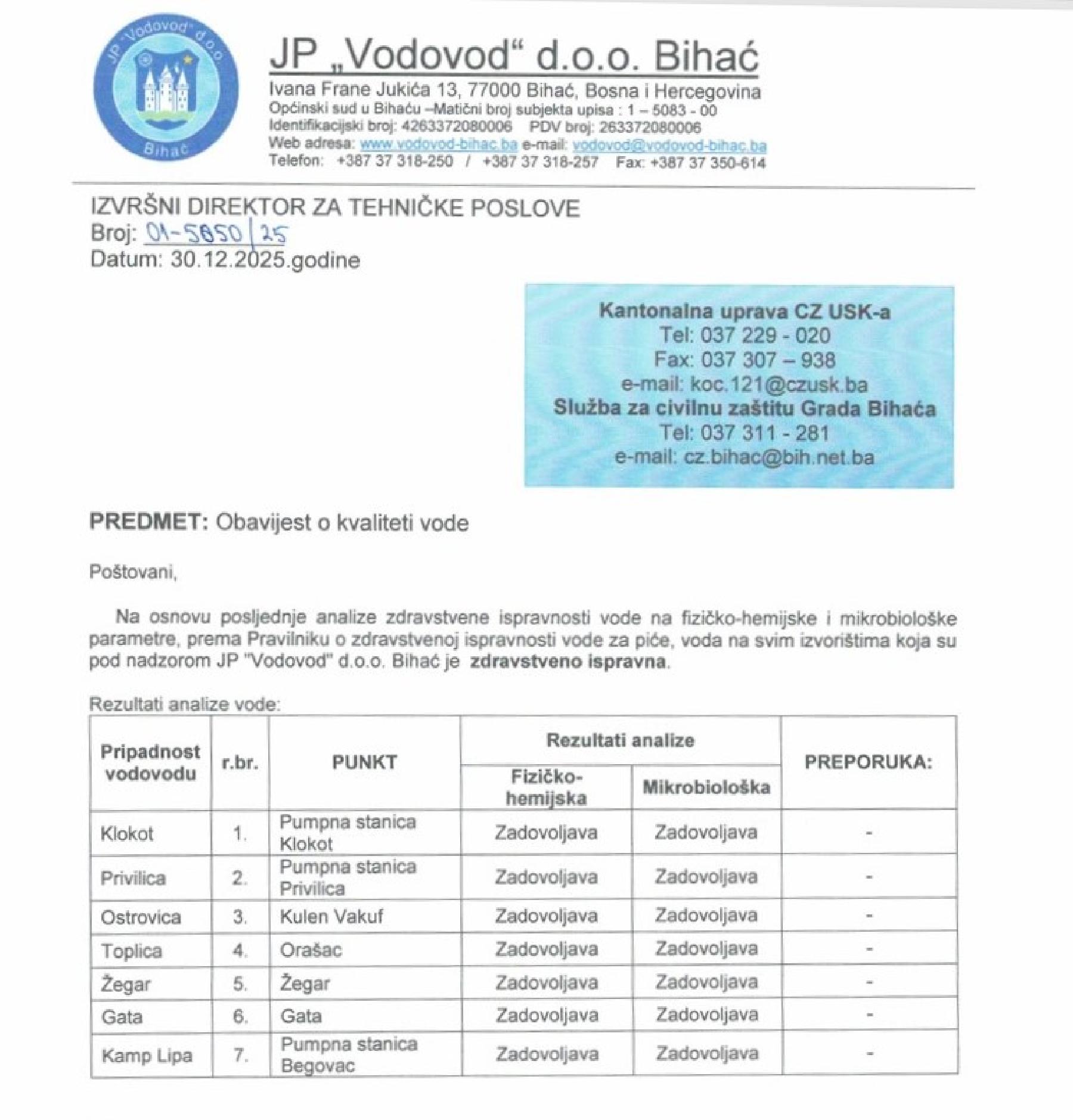Obavijest o kvaliteti vode na dan: Utorak, 30. decembra 2025. godine.