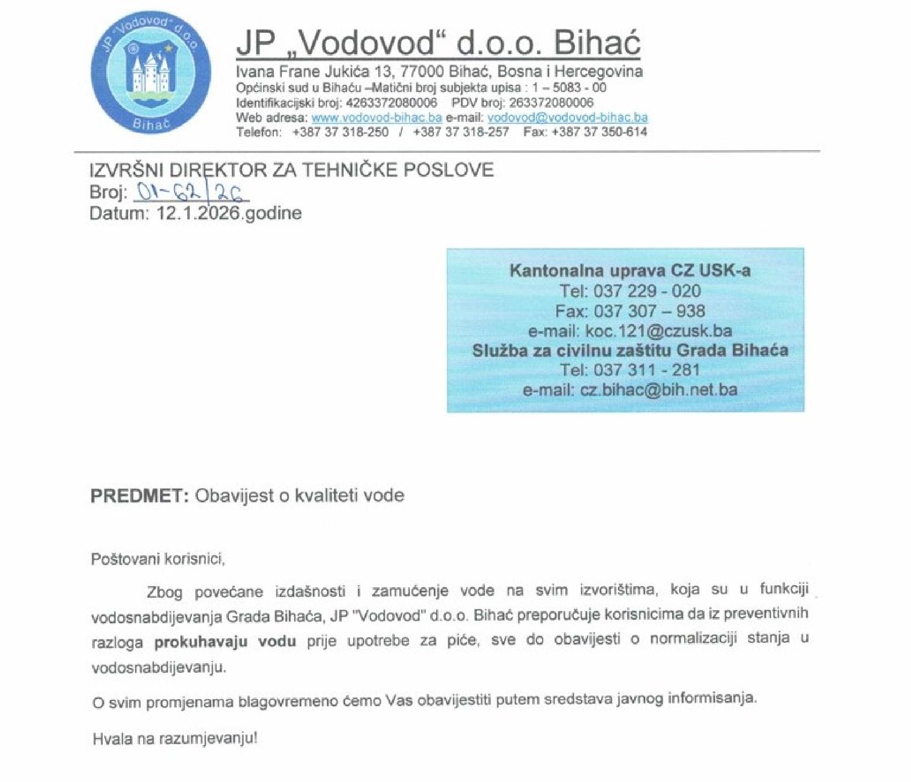 Obavijest o kvaliteti vode na dan: Ponedjeljak, 12. januara 2026. godine.