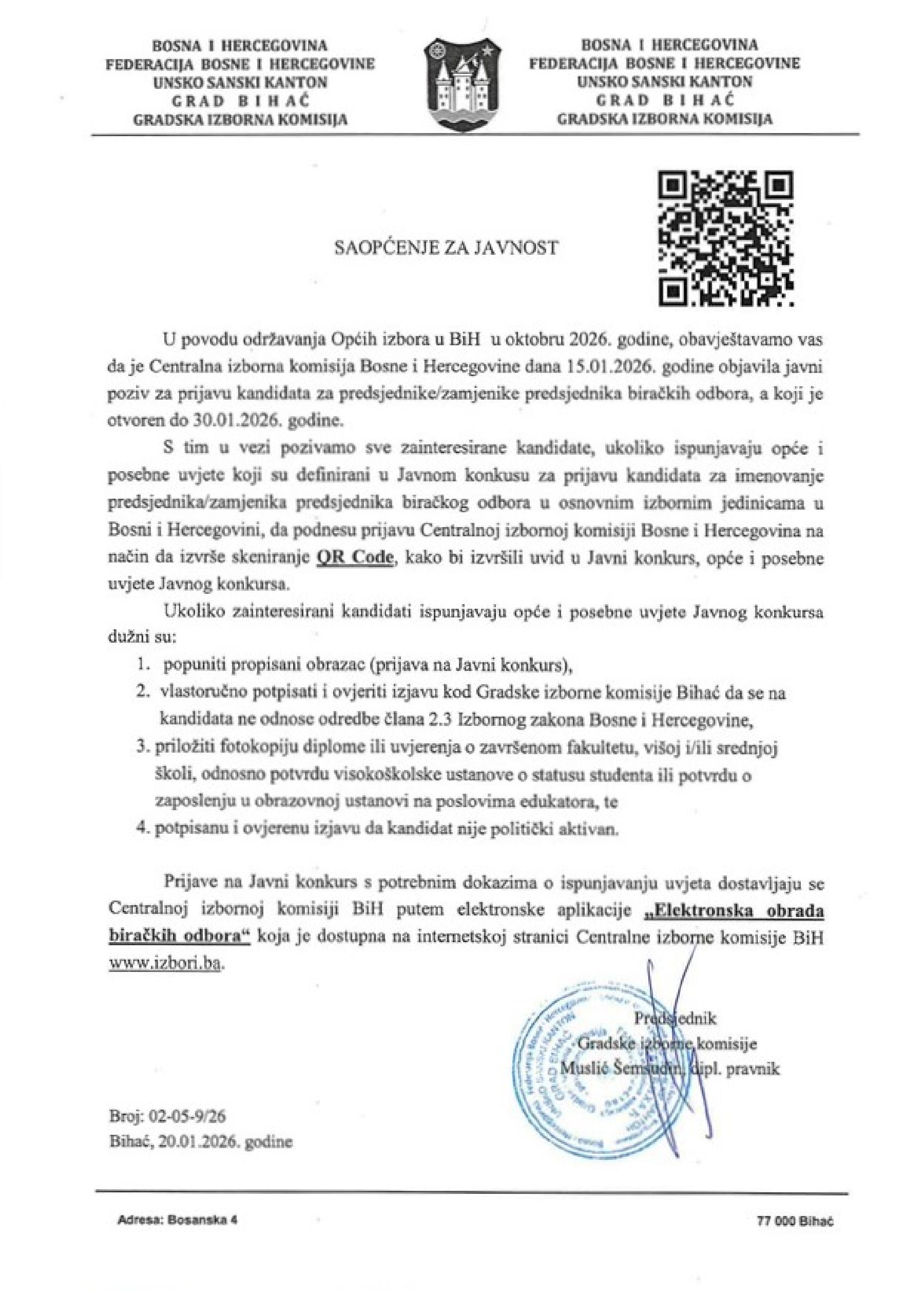 SAOPĆENJE ZA JAVNOST!