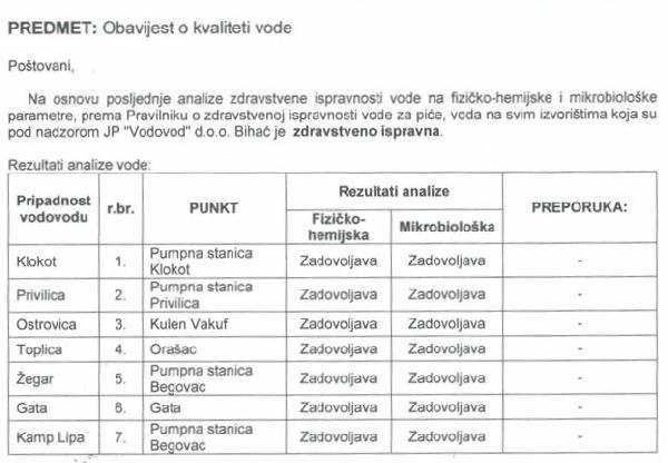 Obavijest o kvaliteti vode na dan: Četvrtak, 24. aprila 2025. godine.