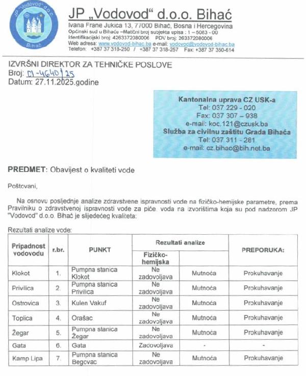 Obavijest o kvaliteti vode na dan: Četvrtak, 27. novembra 2025. godine.
