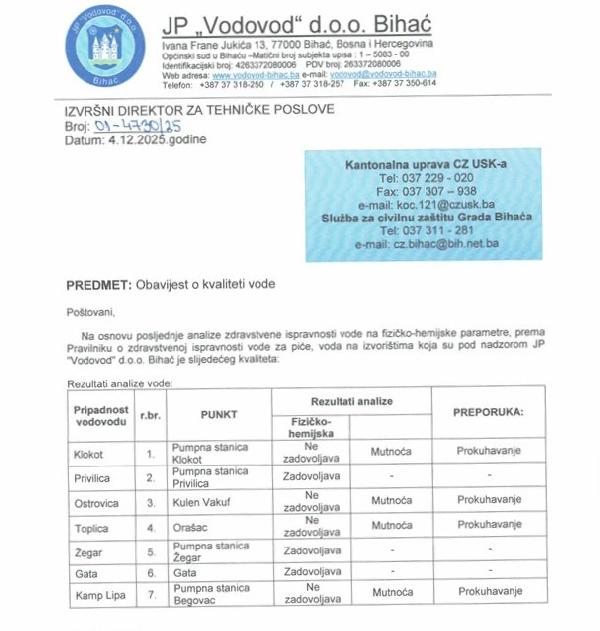 Obavijest o kvaliteti vode na dan: Četvrtak, 4. decembra 2025. godine.