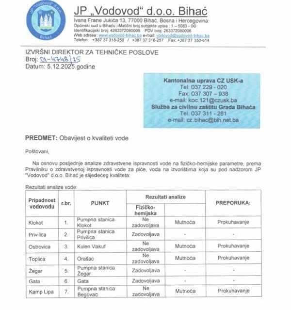 Obavijest o kvaliteti vode na dan: Petak, 5. decembra 2025. godine.