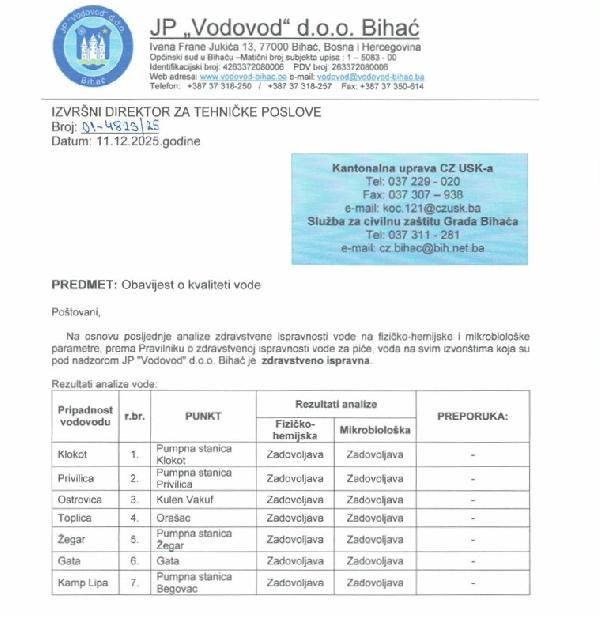 Obavijest o kvaliteti vode na dan: Četvrtak, 11. decembra 2025. godine.