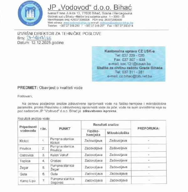 Obavijest o kvaliteti vode na dan: Petak, 12. decembra 2025. godine.