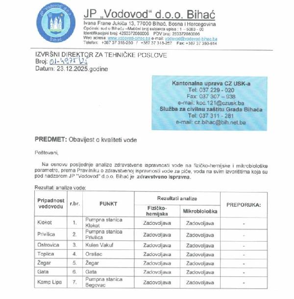 Obavijest o kvaliteti vode na dan: Utorak, 23. decembra 2025. godine.