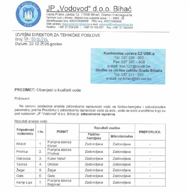 Obavijest o kvaliteti vode na dan: Ponedjeljak, 29. decembra 2025. godine.