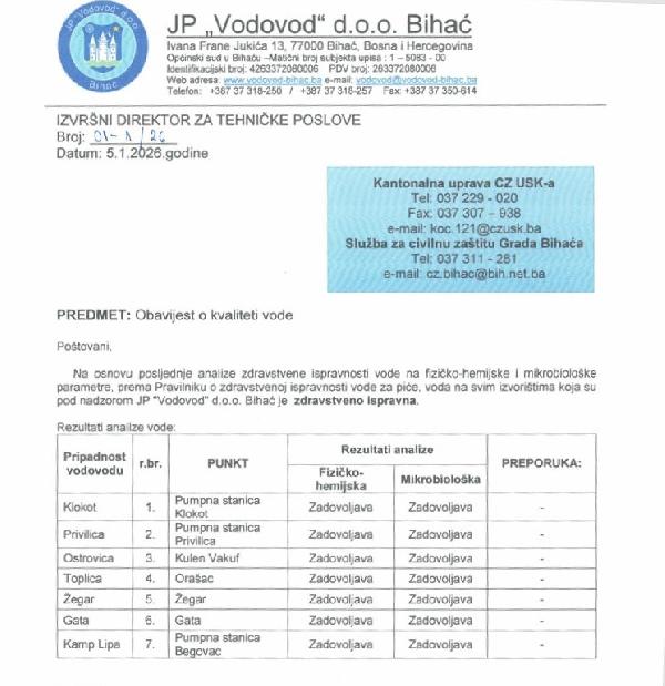 Obavijest o kvaliteti vode na dan: Ponedjeljak, 5. januara 2026. godine.