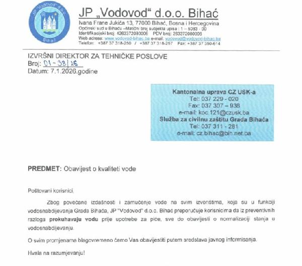 Obavijest o kvaliteti vode na dan: Srijeda, 7. januara 2026. godine.