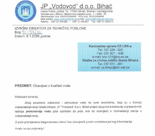 Obavijest o kvaliteti vode na dan: Petak, 9. januara 2026. godine.