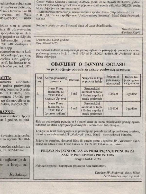 JAVNI OGLAS za prikupljanje ponuda za zakup poslovnog prostora!